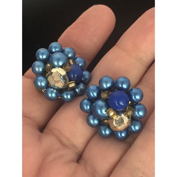 Unbranded Jewelry - Vtg MCM 1960’s Clip On Earrings Blue Gold Beads Cluster Mid-Century Japan